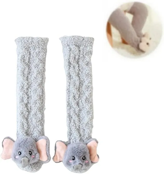 3D Baby Winter Fluffy Fuzzy Slipper Socks, Cute Animal Slipper Socks, Winter Warm Indoor Socks for Boys & Girls (Grey Elephants)