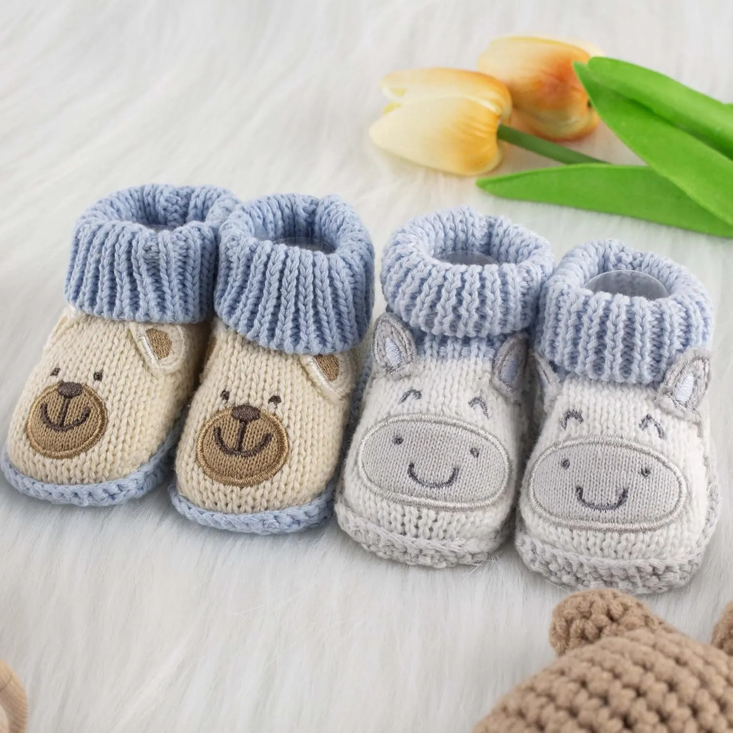 Baby Booties Newborn Infant Hand Crochet Knit Cotton Shoes Booties First Walking Slippers Indoor House Shoes for Baby 2 Pairs