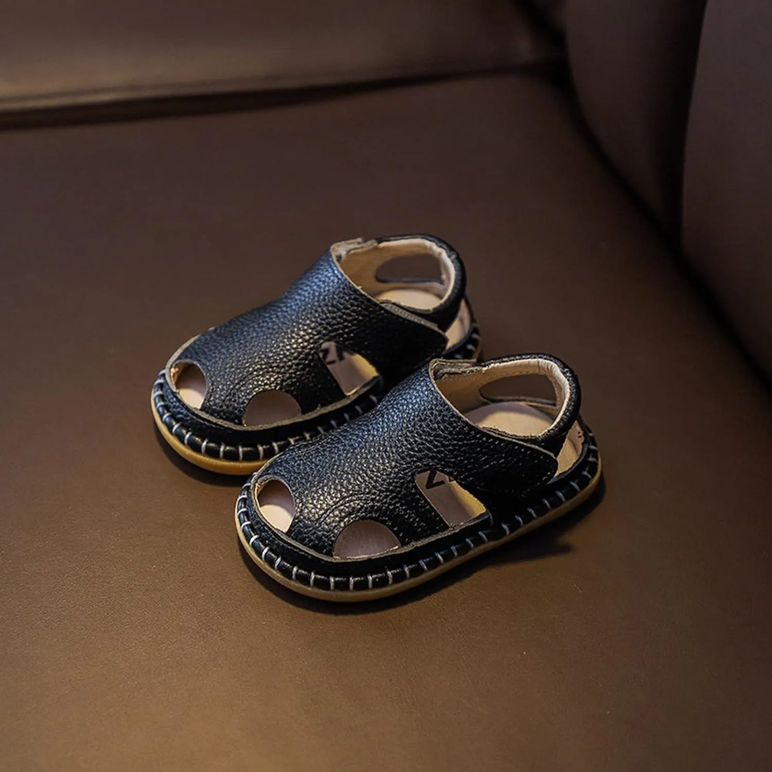 Baby Boys Girls Closed-Toe PU Leather Sandals Toddler Anti-Slip Rubber Sole First Walker Crib Solid Beach Shoes