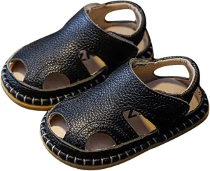 Baby Boys Girls Closed-Toe PU Leather Sandals Toddler Anti-Slip Rubber Sole First Walker Crib Solid Beach Shoes