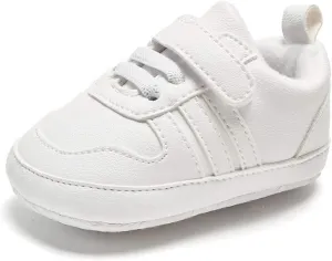 Baby Boys Girls White Sneaker Anti-Slip Sole Newborn Infant First Walkers Tennis Crib Dress Shoes White, 12-18 Months