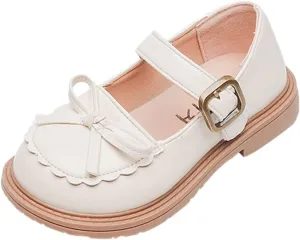 Baby Flat Sole Shoes Girls Leather Bow Design Soft Round Toe Princess Dress Flat Shoes(Toddler/Little Kid/Big