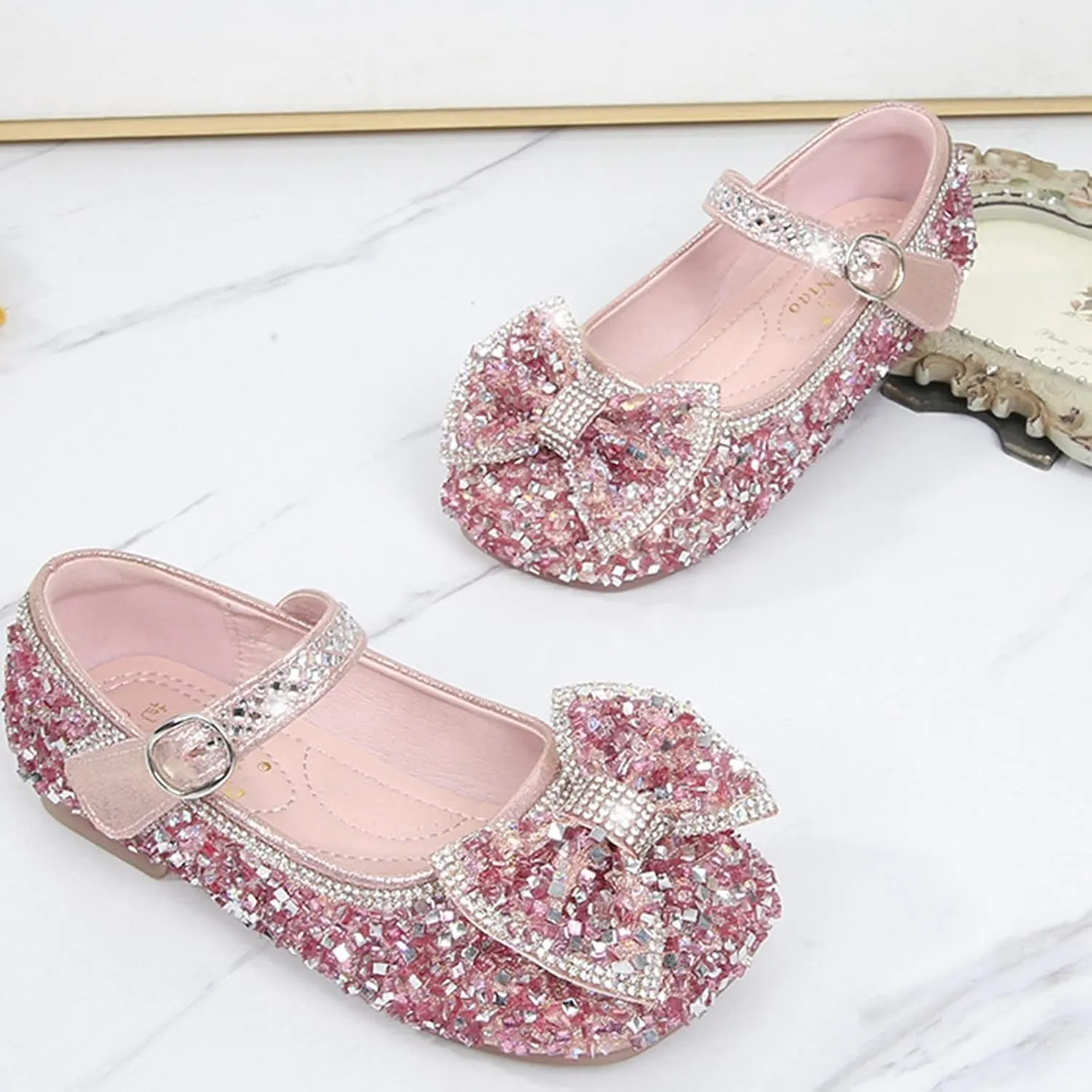 Baby Girls Bow Princess Sparkly Cute Shoes Mary Jane Non Slip Soft Sole Sandals for Party Toddler Wedding Dress Shoes