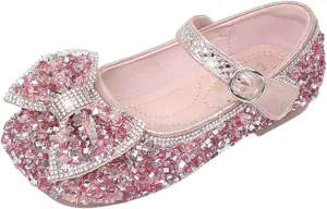 Baby Girls Bow Princess Sparkly Cute Shoes Mary Jane Non Slip Soft Sole Sandals for Party Toddler Wedding Dress Shoes