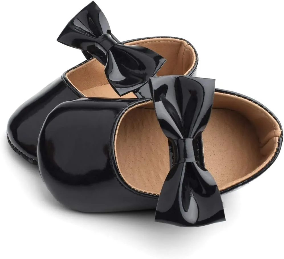 Baby Girls Mary Jane Flat Shoes with Bownot Non Slip Soft Sole PU Leather Newborn Infant Toddler Dress Shoes