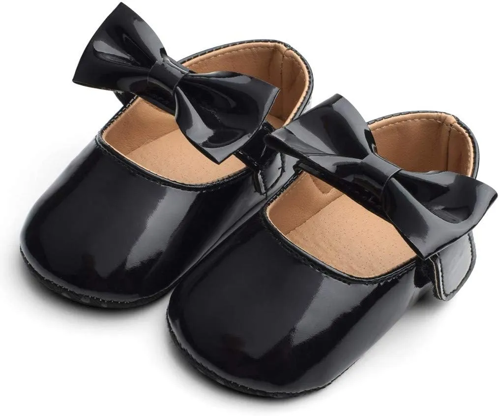 Baby Girls Mary Jane Flat Shoes with Bownot Non Slip Soft Sole PU Leather Newborn Infant Toddler Dress Shoes