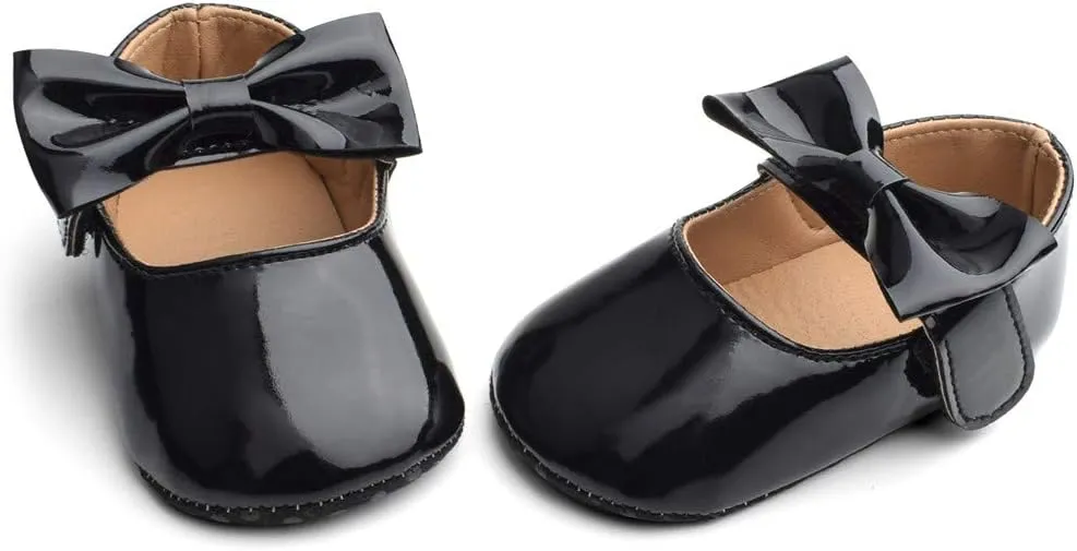 Baby Girls Mary Jane Flat Shoes with Bownot Non Slip Soft Sole PU Leather Newborn Infant Toddler Dress Shoes
