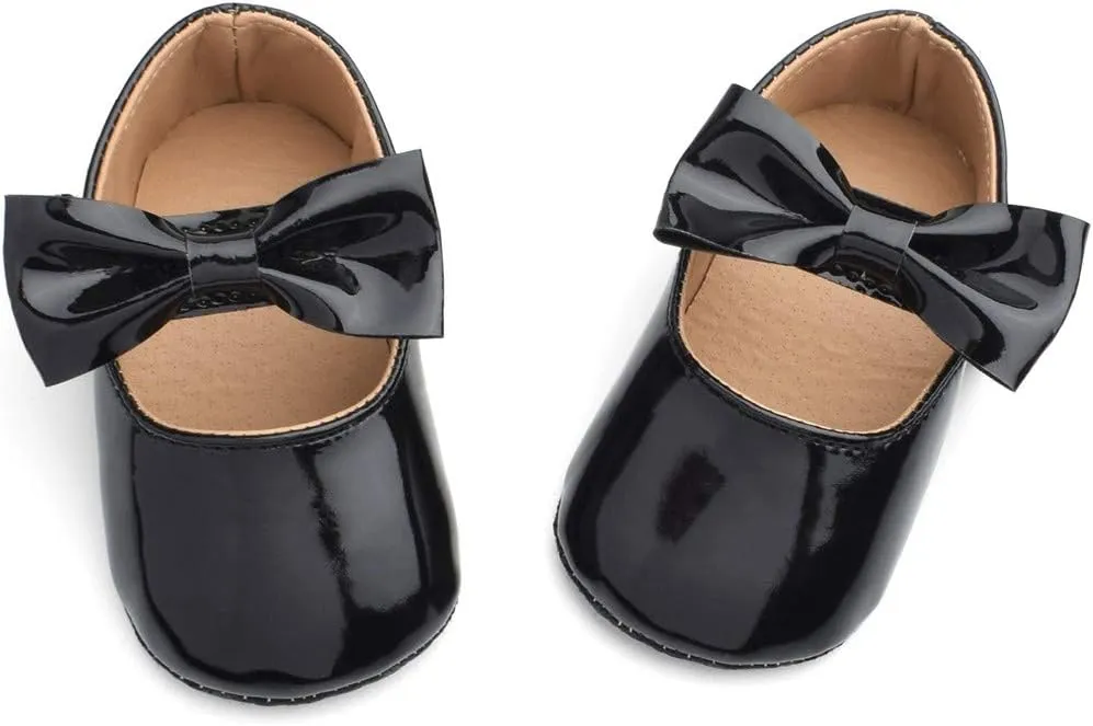 Baby Girls Mary Jane Flat Shoes with Bownot Non Slip Soft Sole PU Leather Newborn Infant Toddler Dress Shoes