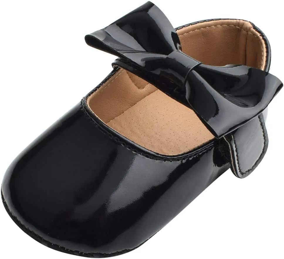 Baby Girls Mary Jane Flat Shoes with Bownot Non Slip Soft Sole PU Leather Newborn Infant Toddler Dress Shoes