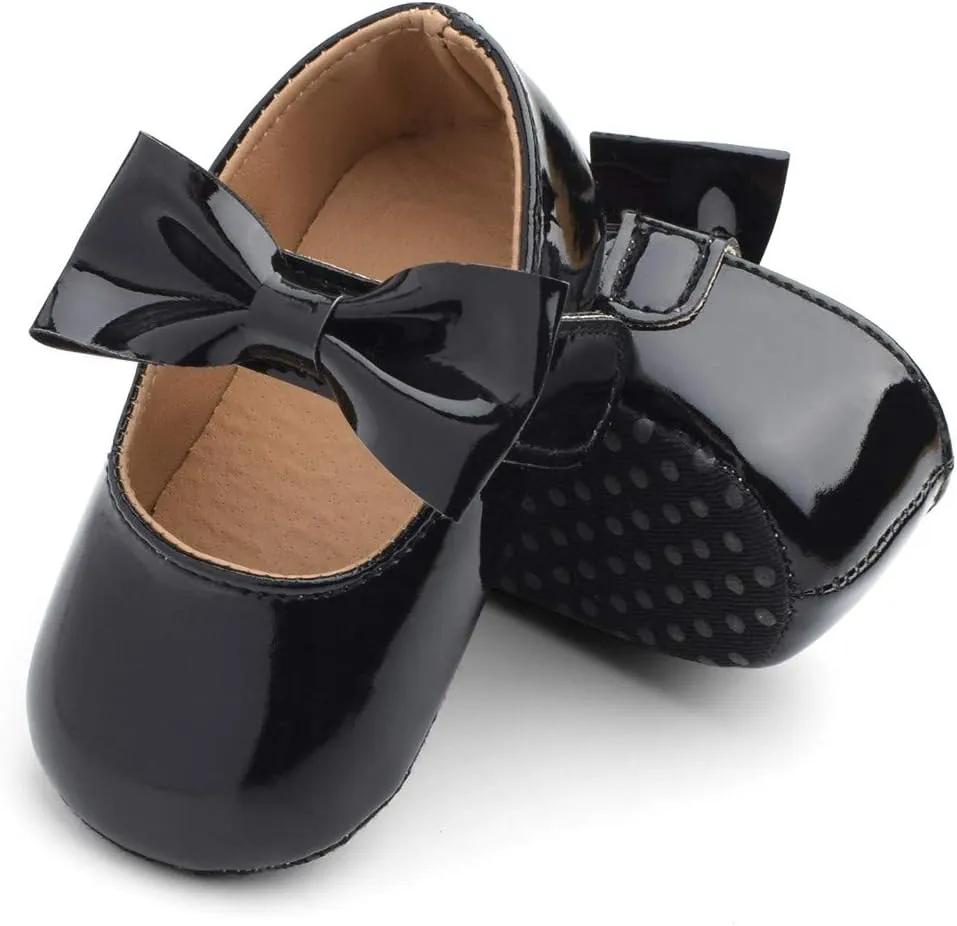 Baby Girls Mary Jane Flat Shoes with Bownot Non Slip Soft Sole PU Leather Newborn Infant Toddler Dress Shoes