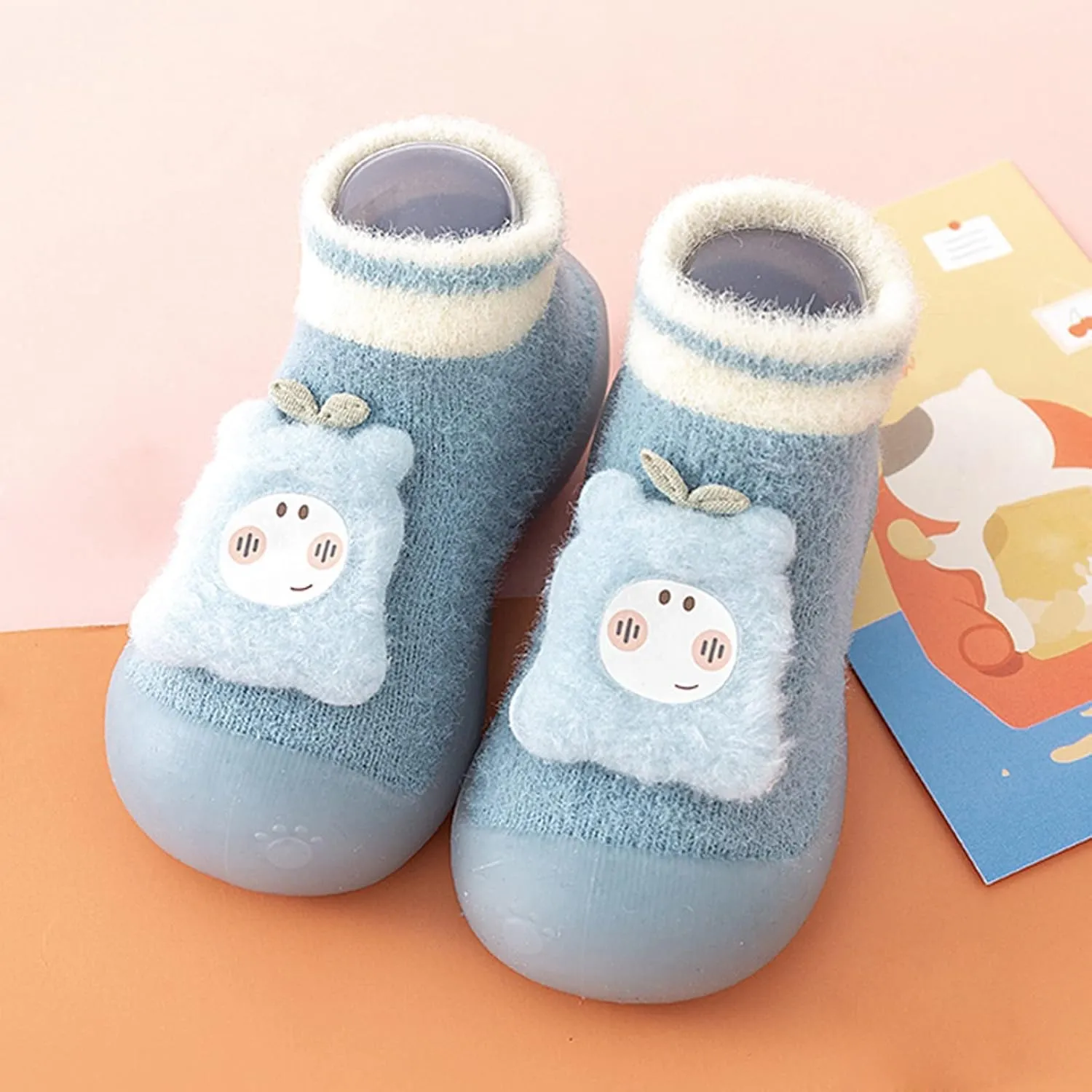 Baby Shoes Baby Sock Shoes Cute Fleece Slippers with Soft Rubber Sole Baby Boys Girls Slip On Sneakers