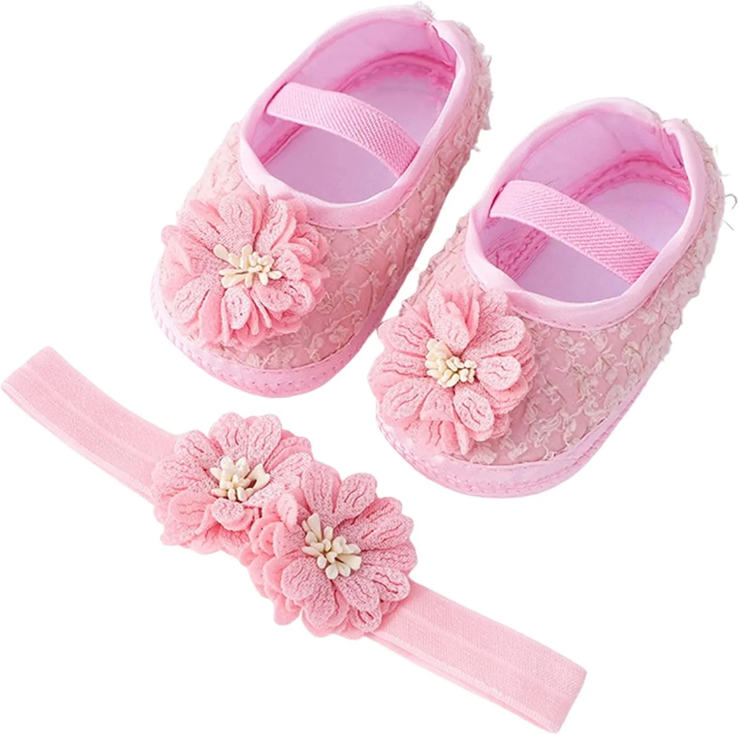 Baby Shoes with Hair Band Fashion Soft Soled Toddler Shoes Versatile Dress Flower Princess Shoes Soft Soles Shoes