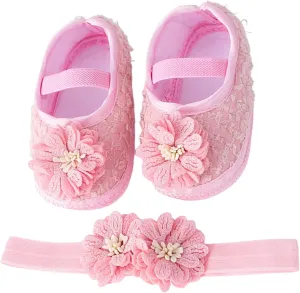 Baby Shoes with Hair Band Fashion Soft Soled Toddler Shoes Versatile Dress Flower Princess Shoes Soft Soles Shoes