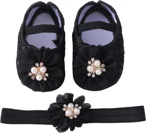 Baby Shoes with Hair Band Fashion Soft Soled Toddler Shoes Versatile Dress Flower Princess Shoes Soft Soles Shoes