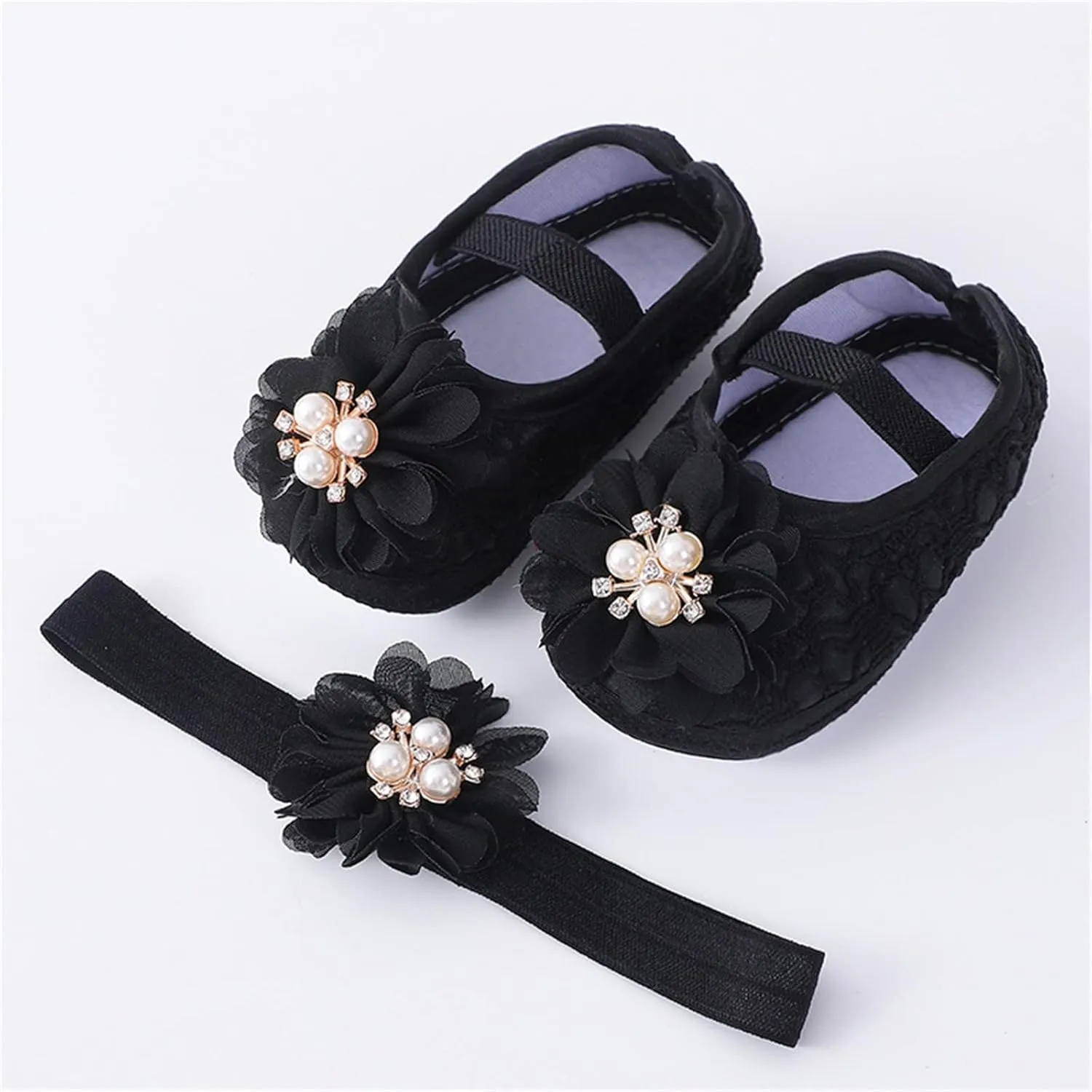 Baby Shoes with Hair Band Fashion Soft Soled Toddler Shoes Versatile Dress Flower Princess Shoes Soft Soles Shoes