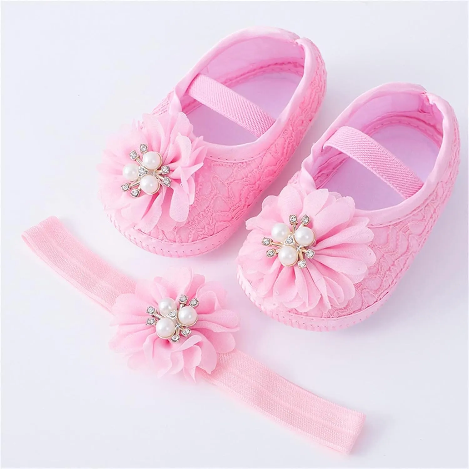 Baby Shoes with Hair Band Fashion Soft Soled Toddler Shoes Versatile Dress Flower Princess Shoes Toddler High Tops Girls