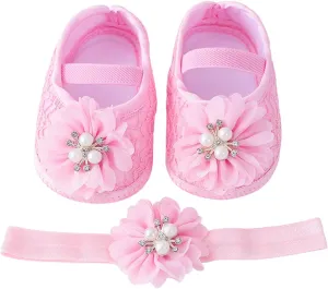 Baby Shoes with Hair Band Fashion Soft Soled Toddler Shoes Versatile Dress Flower Princess Shoes Toddler High Tops Girls