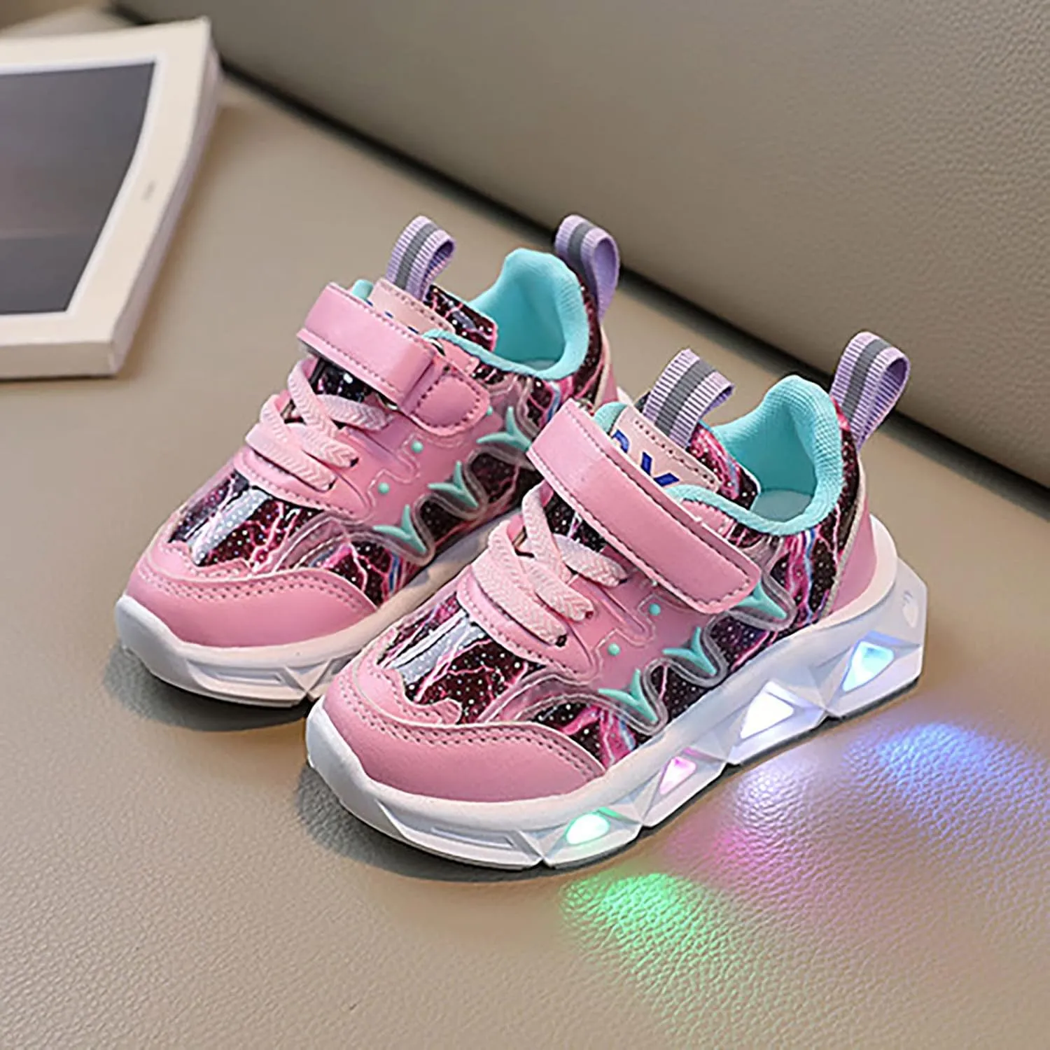 Boys Girls Sneakers Children's Sneakers LED Charged Breathable Soft Sole Strap Collision Color Non-Slip Walking Shoes