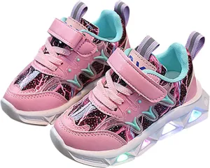 Boys Girls Sneakers Children's Sneakers LED Charged Breathable Soft Sole Strap Collision Color Non-Slip Walking Shoes