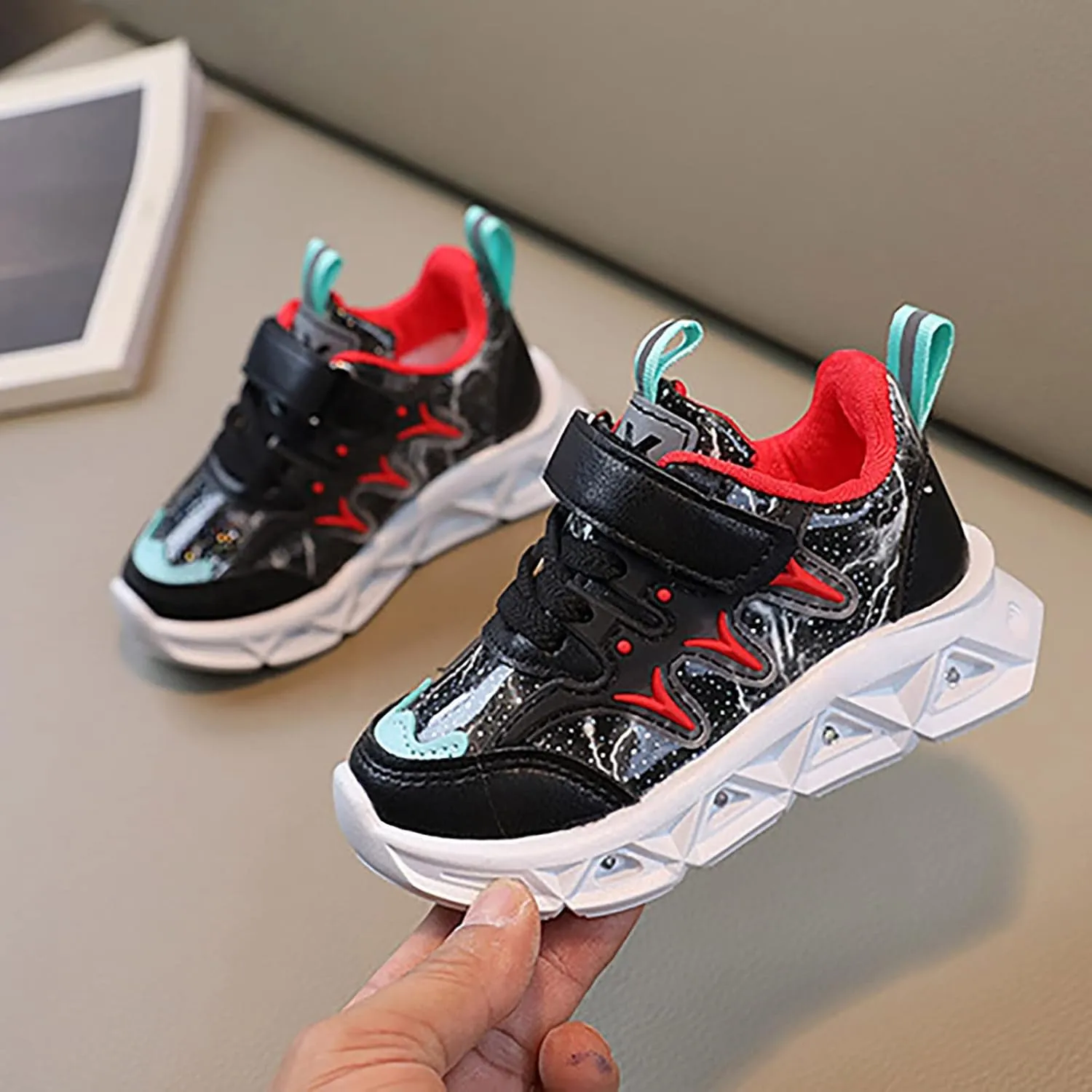 Boys Girls Sneakers Children's Sneakers LED Charged Breathable Soft Sole Strap Collision Color Non-Slip Walking Shoes
