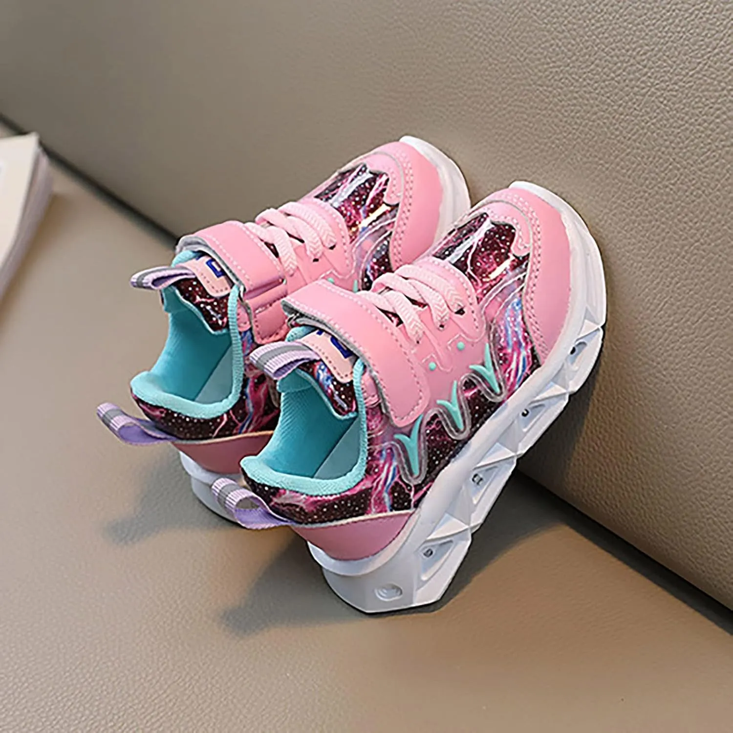 Boys Girls Sneakers Children's Sneakers LED Charged Breathable Soft Sole Strap Collision Color Non-Slip Walking Shoes