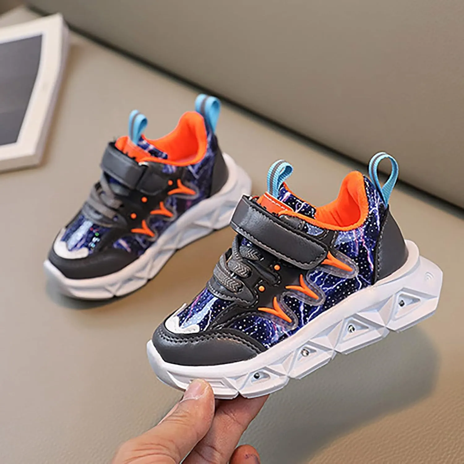 Boys Girls Sneakers Children's Sneakers LED Charged Breathable Soft Sole Strap Collision Color Non-Slip Walking Shoes
