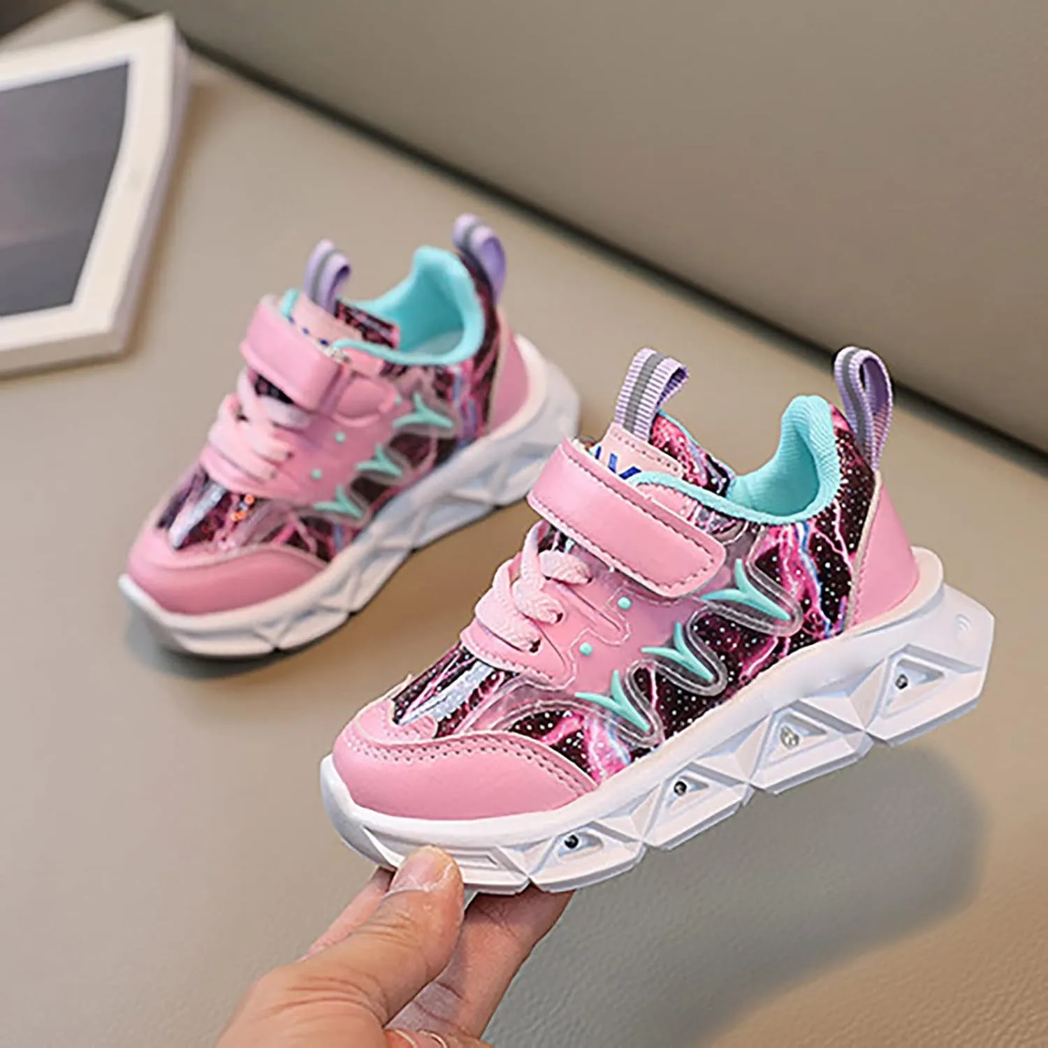 Boys Girls Sneakers Children's Sneakers LED Charged Breathable Soft Sole Strap Collision Color Non-Slip Walking Shoes