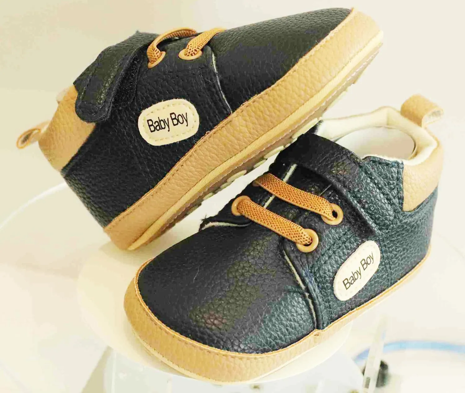 Boy's Non-Slip Rubber Sole Shoes with Strechable Decorative Lace & Adjustable Strap PU Leather Shoes
