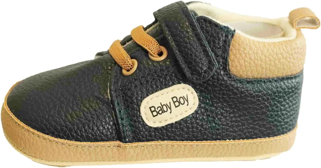Boy's Non-Slip Rubber Sole Shoes with Strechable Decorative Lace & Adjustable Strap PU Leather Shoes