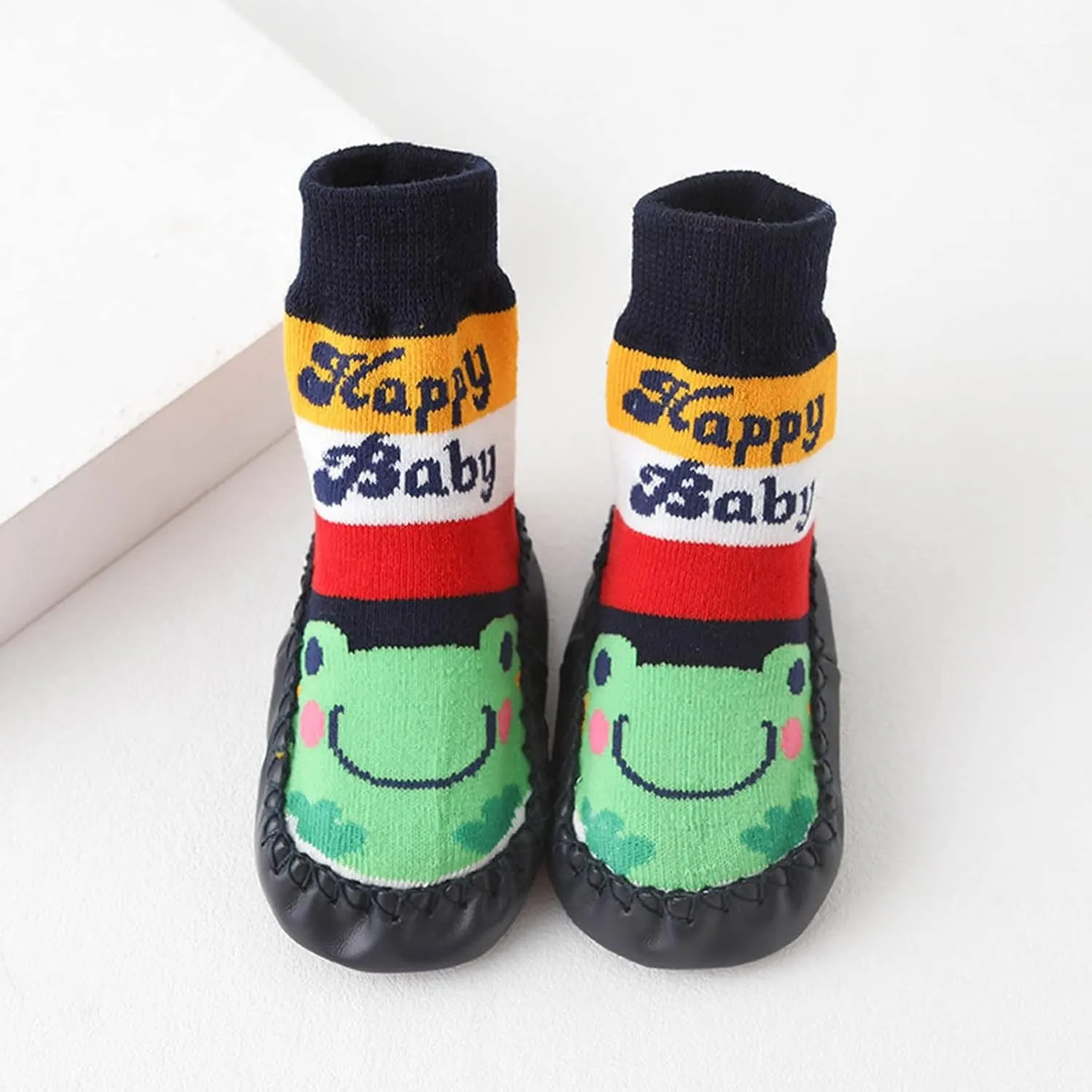 Boys Shoes Baby Sock Shoes Leather Sole Unisex Toddler Non-Skid Walking Shoes Cartoon Monkey Frog Print Slippers