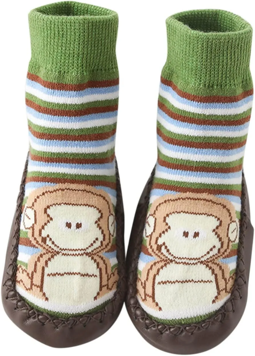 Boys Shoes Baby Sock Shoes Leather Sole Unisex Toddler Non-Skid Walking Shoes Cartoon Monkey Frog Print Slippers