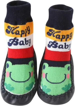 Boys Shoes Baby Sock Shoes Leather Sole Unisex Toddler Non-Skid Walking Shoes Cartoon Monkey Frog Print Slippers