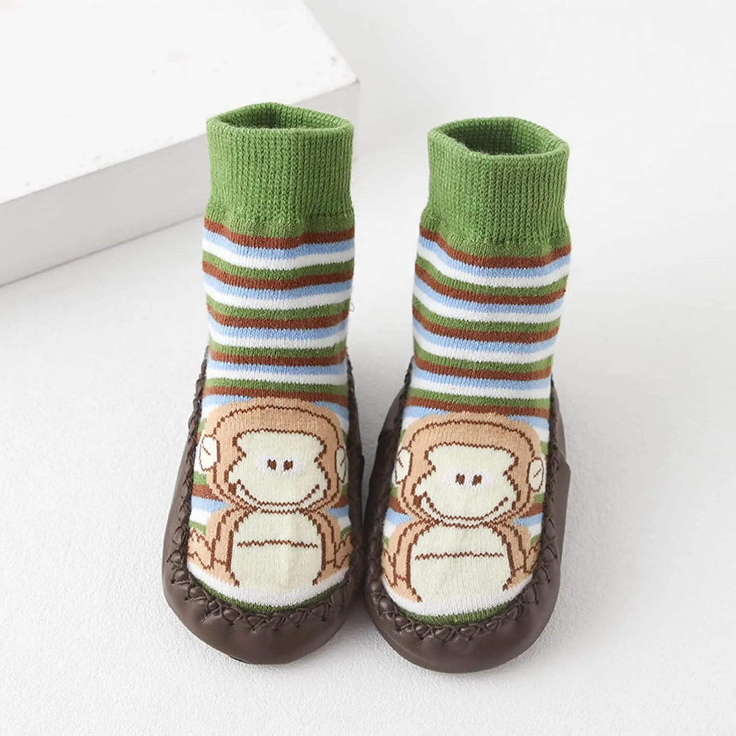 Boys Shoes Baby Sock Shoes Leather Sole Unisex Toddler Non-Skid Walking Shoes Cartoon Monkey Frog Print Slippers
