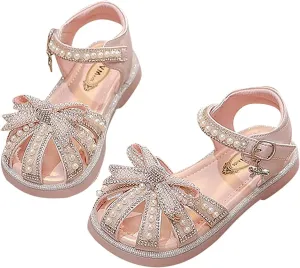 Child and Toddler Baby Girls Sandals Soft Sole Pearl Rhinestone Shoes Outdoor Sandals Summer Princess (Pink, 6.5 Infant)