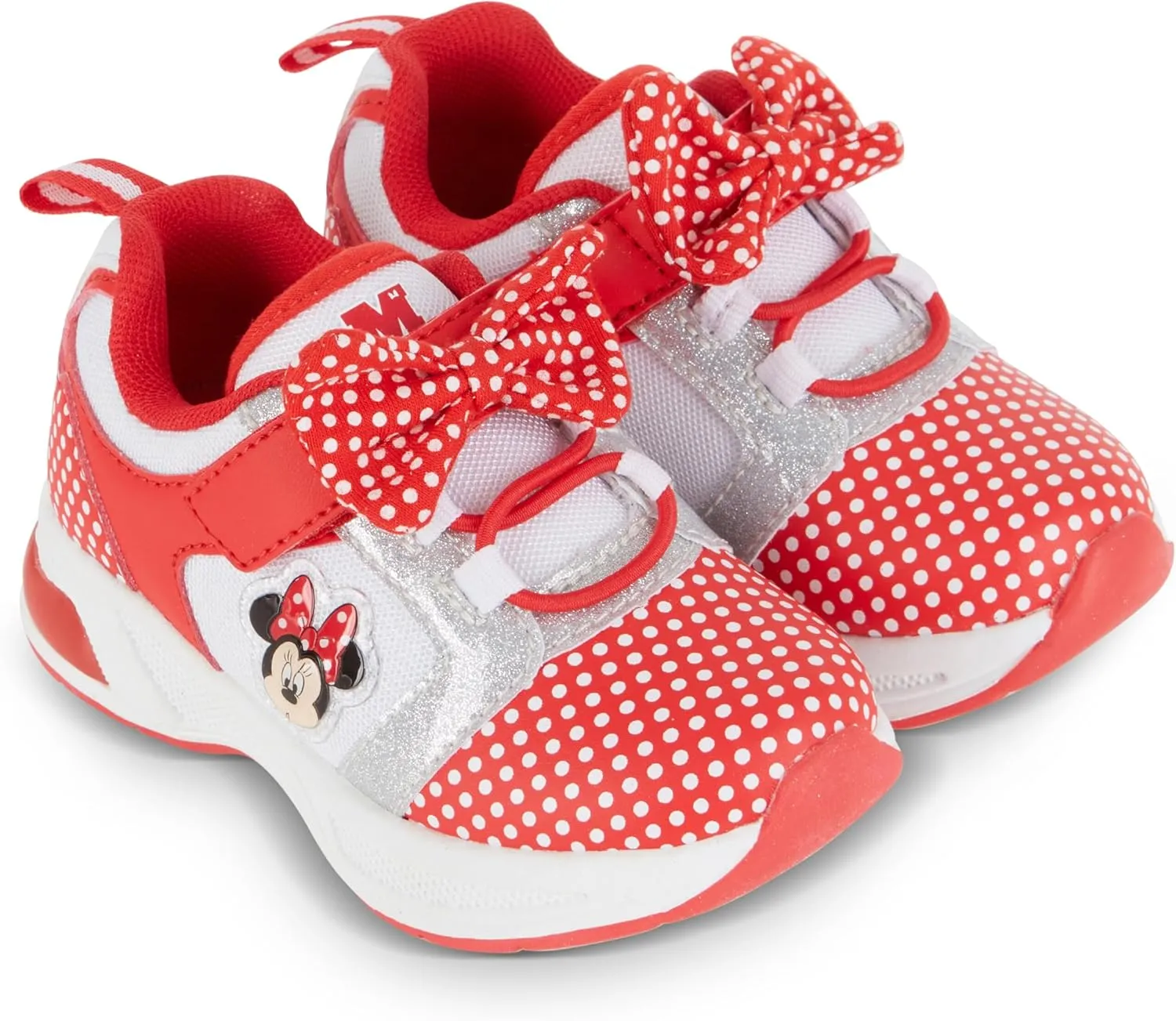 Disney Minnie Mouse Girls Sneakers - Slip On Elastic Lace Sneakers - Minnie Mouse Polka Dot and Bows - Everyday Shoes for Kids (Red, 6)