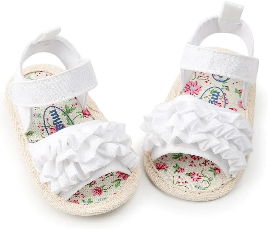 EnJoCho 0-18M Infant Baby Girls Summer Sandals with Flower Anti-Slip Soft Sole Newborn Toddler First Walker Crib Dress Shoes (White-04#, 12-18M)