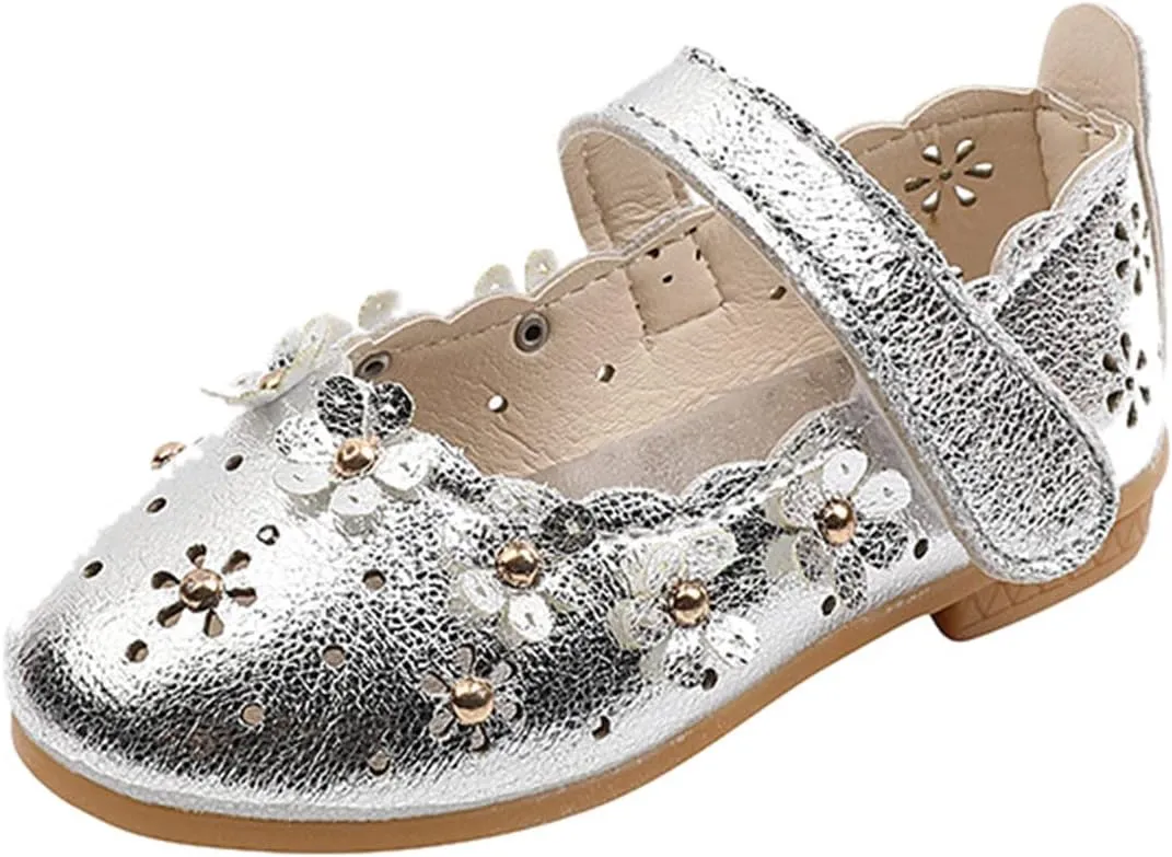 EnJoCho Girls Sandal Shoes Flower Shoes Hollow Flower Shoes Sandals Soft Sole Princess Sandals Baby Shoes 1-11 Years (Silver, 12 Months)