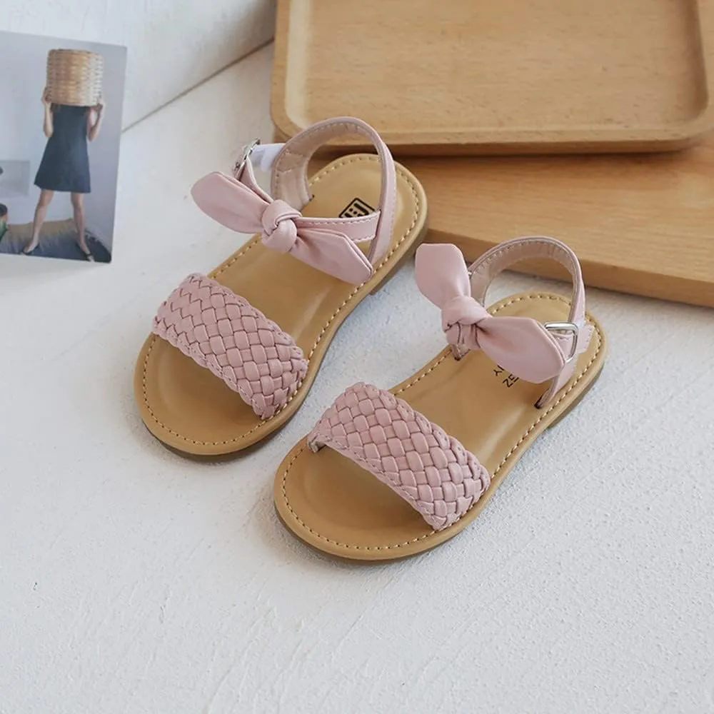 Girls Bowknot Leopard Kids Sandals Beach Summer Toddler Girls Open Toe PU Leather Sandals Princess Flat Shoes