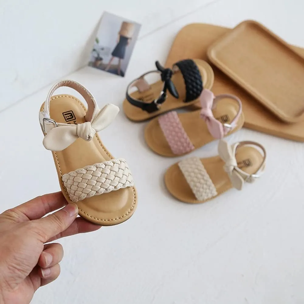 Girls Bowknot Leopard Kids Sandals Beach Summer Toddler Girls Open Toe PU Leather Sandals Princess Flat Shoes