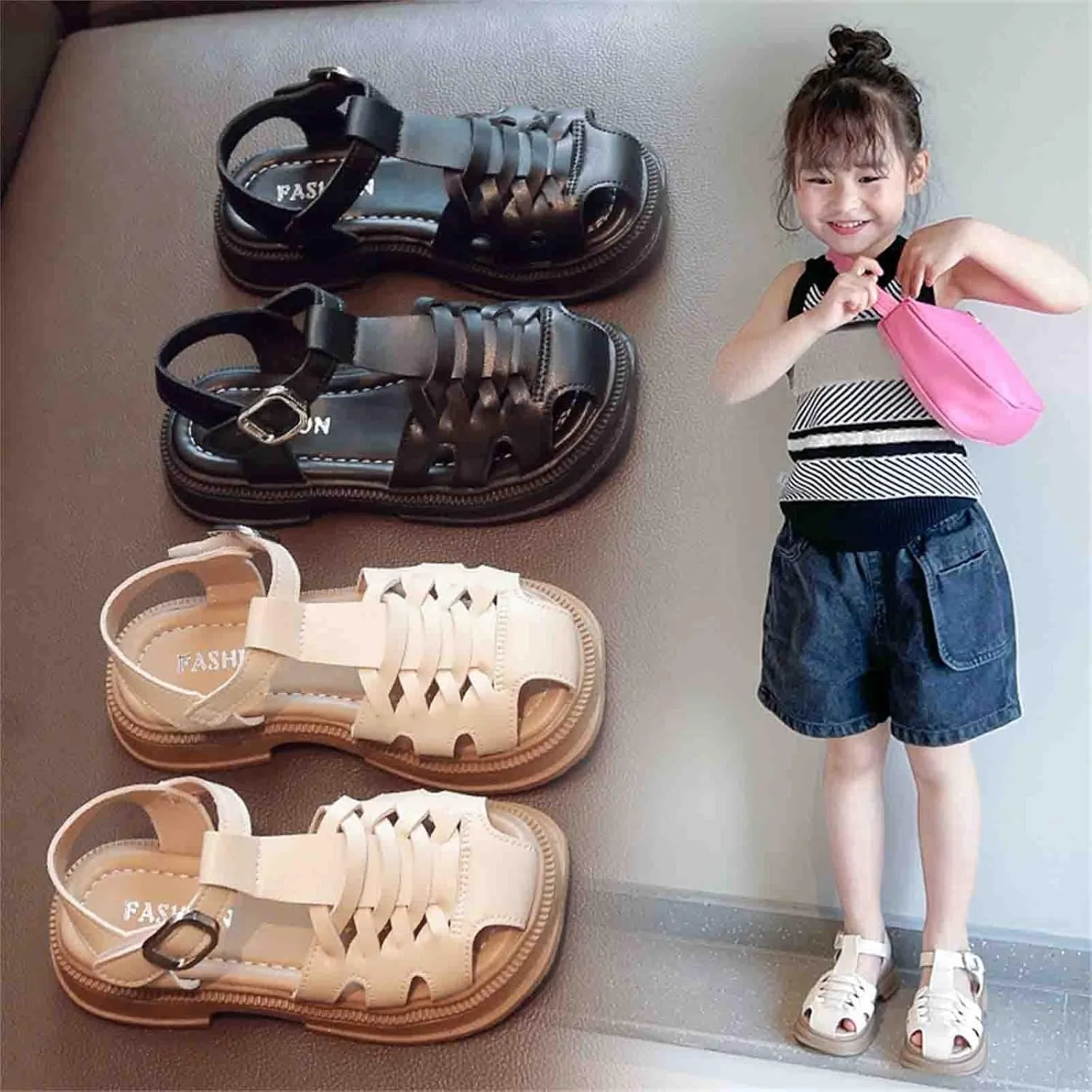 Girls Kids Wide Sandals Open Toe Slip On Strap Flat Shoes Baby Childrens Girl Rubber Soft Sole Fashion Dance Sneaker