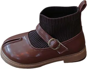 Girls Mary Jane Boots Waterproof Leather Slip On Boots Soft Sole Flat Boots Casual Non Slip Low Calf Boots