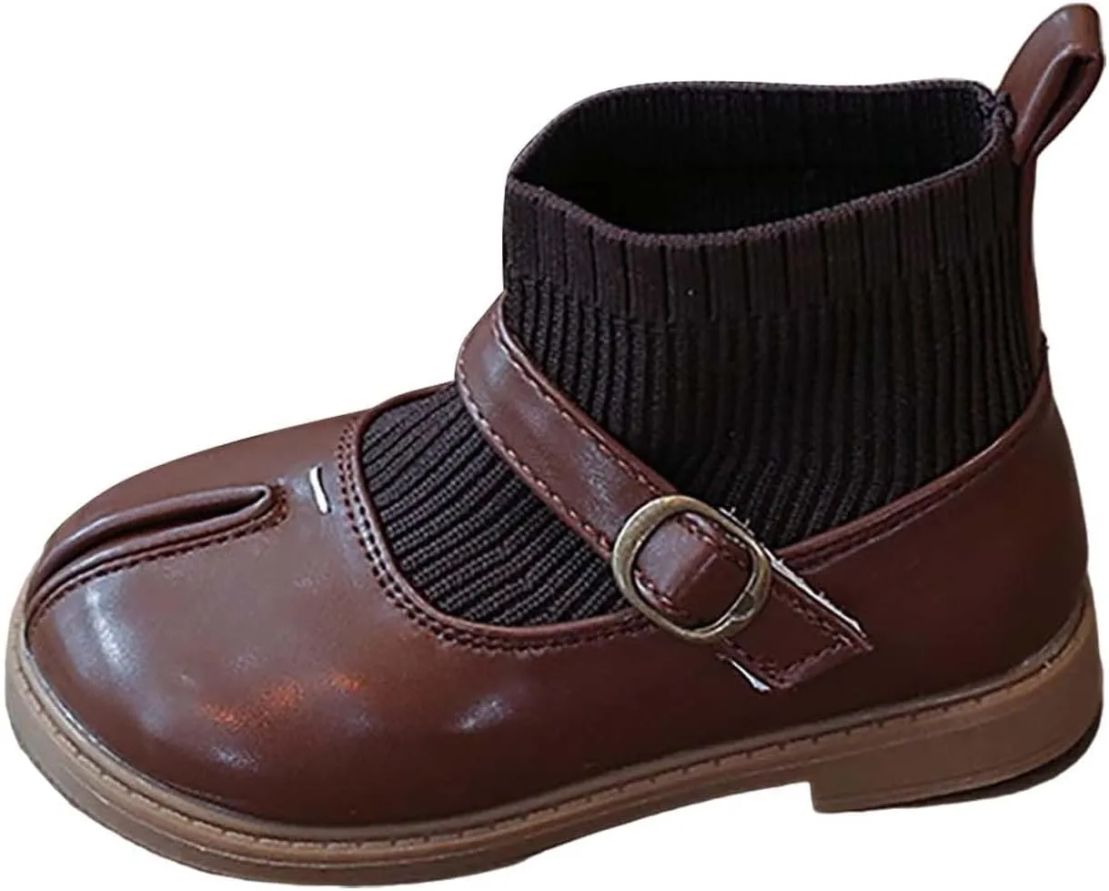 Girls Mary Jane Boots Waterproof Leather Slip On Boots Soft Sole Flat Boots Casual Non Slip Low Calf Boots