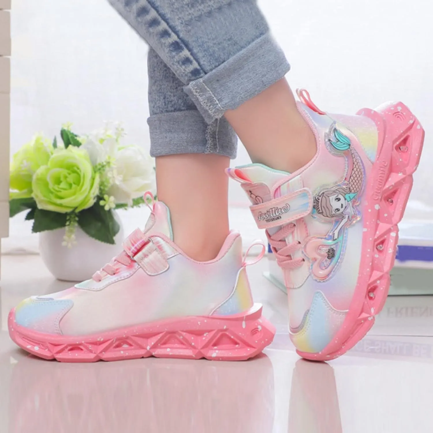 Girls Princess Shoes Slip On Light-Up Sneakers Mermai Shoes Breathable Mesh Sneakers Lightweight Running Shoes