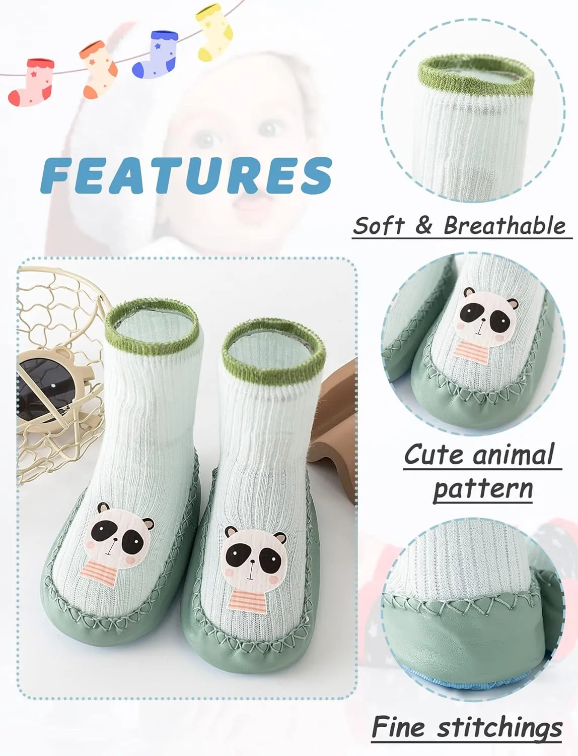 Happy Cherry 3 Pairs Baby Cotton Shoes Socks Anti-slip Cartoon Socks Toddlers Animal Indoor Slipper Summer Shoes Socks