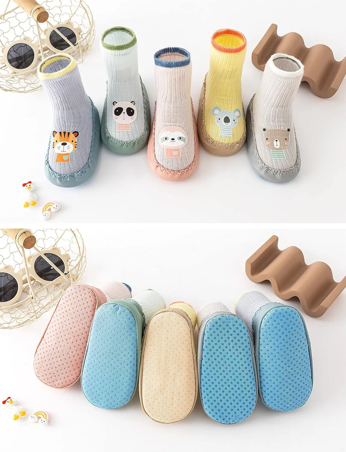 Happy Cherry 3 Pairs Baby Cotton Shoes Socks Anti-slip Cartoon Socks Toddlers Animal Indoor Slipper Summer Shoes Socks