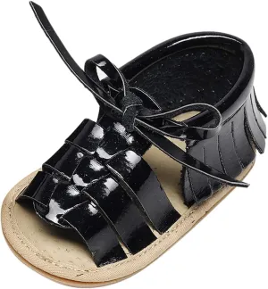 Infant Toddler Baby Girls Boys Shoes Sandals First Walkers Prewalkers Tassels Anti-Slip Soft Sole (Black, 7 Toddler)