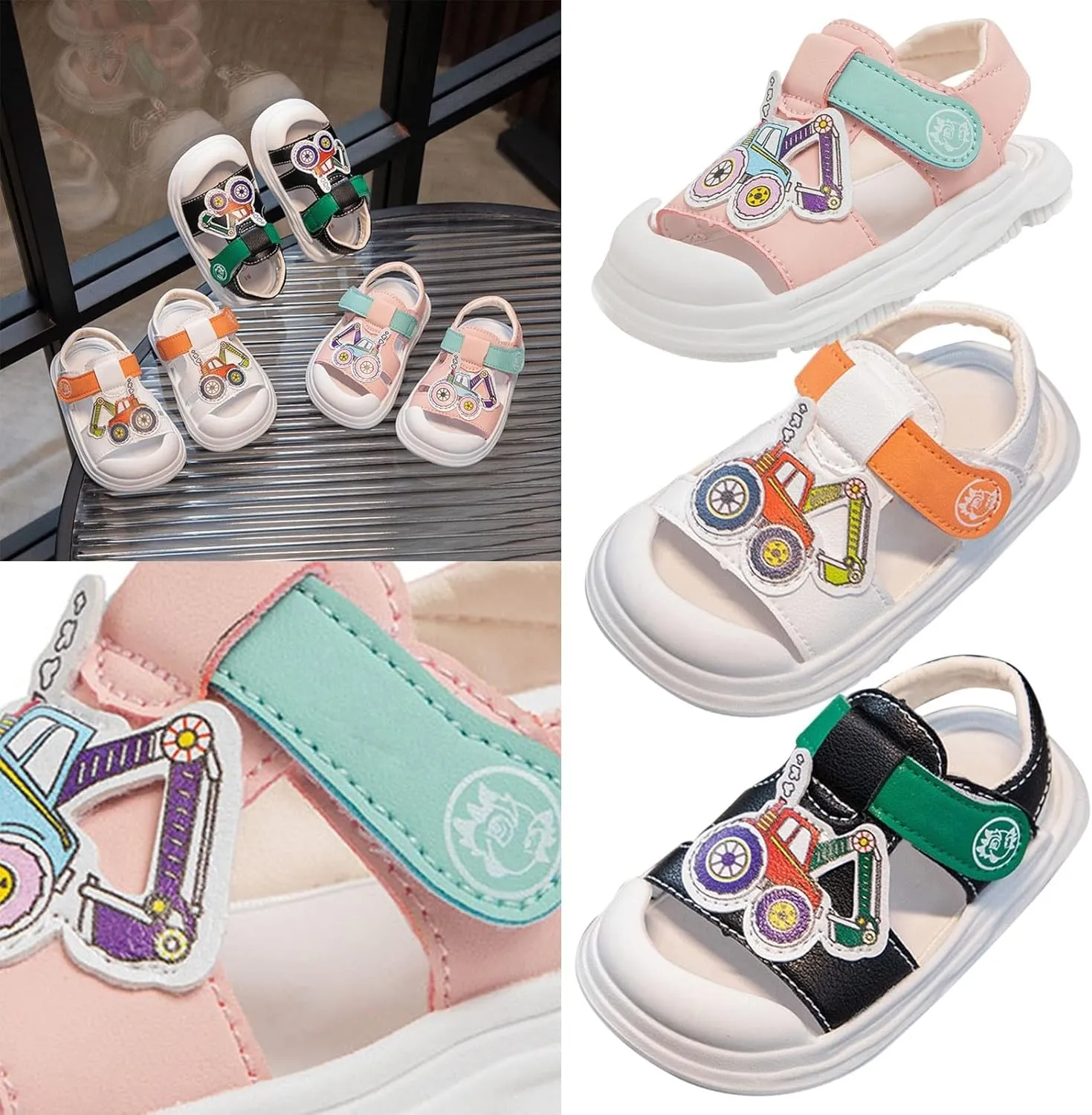 Infant Toddler Car Sandals Closed Toe Soft Sole First Walking Shoes Toddler Girls Slipper with Cute Cartoon Pattern