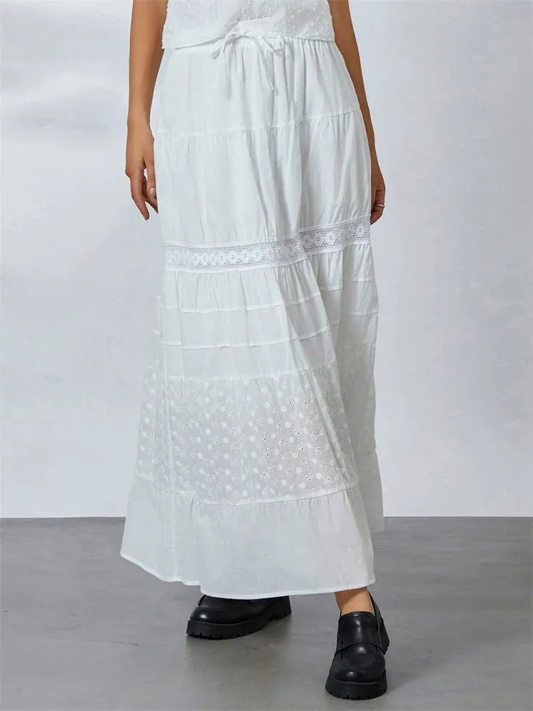 JuliaFashion - Vintage Lace Patchwork Bohemian Long Low Waist Embroidery Midi Drawstring Flowy Beachwear Skirts