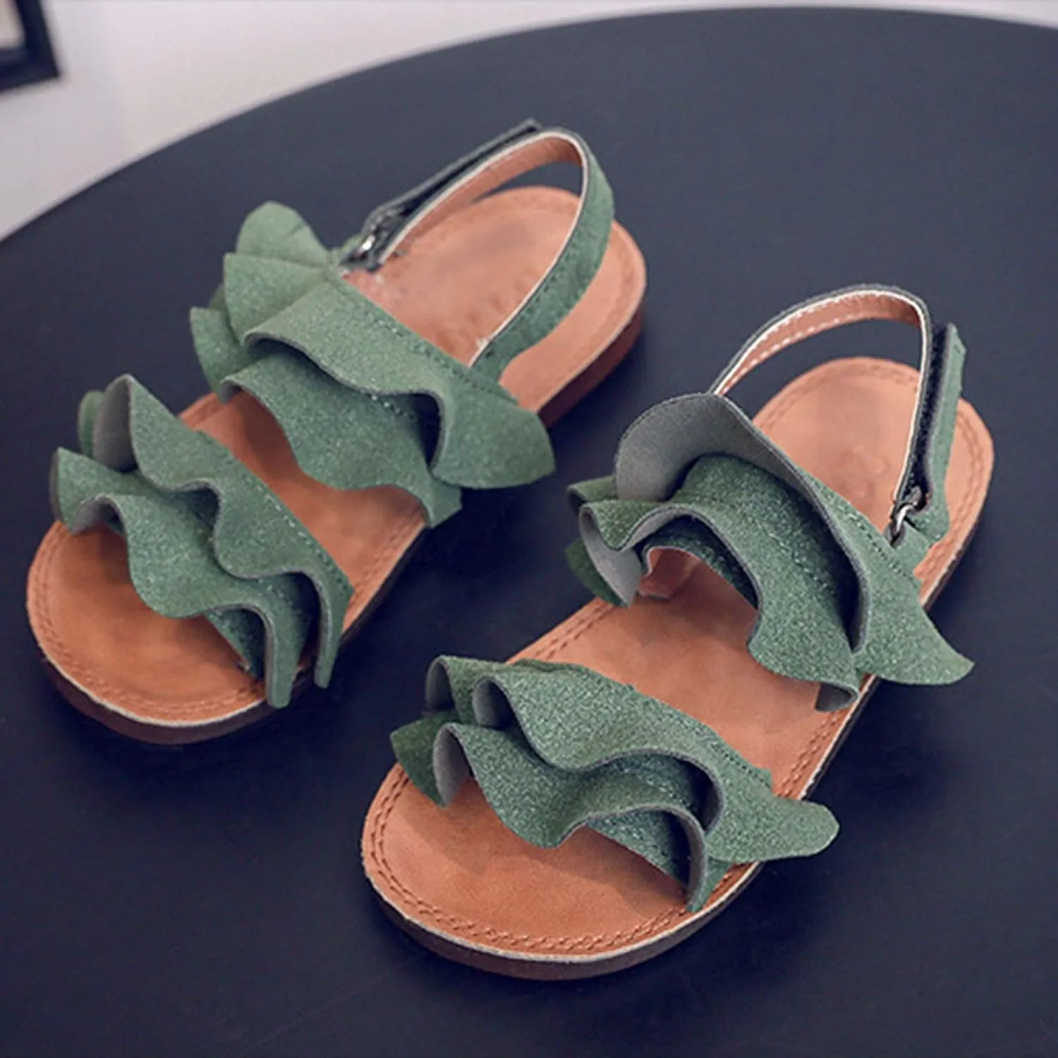Kids Cork Footbed Flat Bottom Sandals Strap Wide Shoes Ruffle Buckle Baby Girls Light Breathable Non Slip Shoesfashio