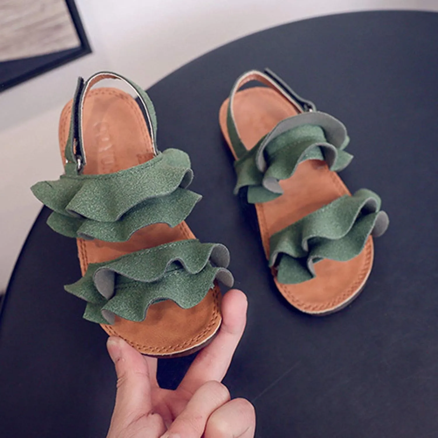 Kids Cork Footbed Flat Bottom Sandals Strap Wide Shoes Ruffle Buckle Baby Girls Light Breathable Non Slip Shoesfashio